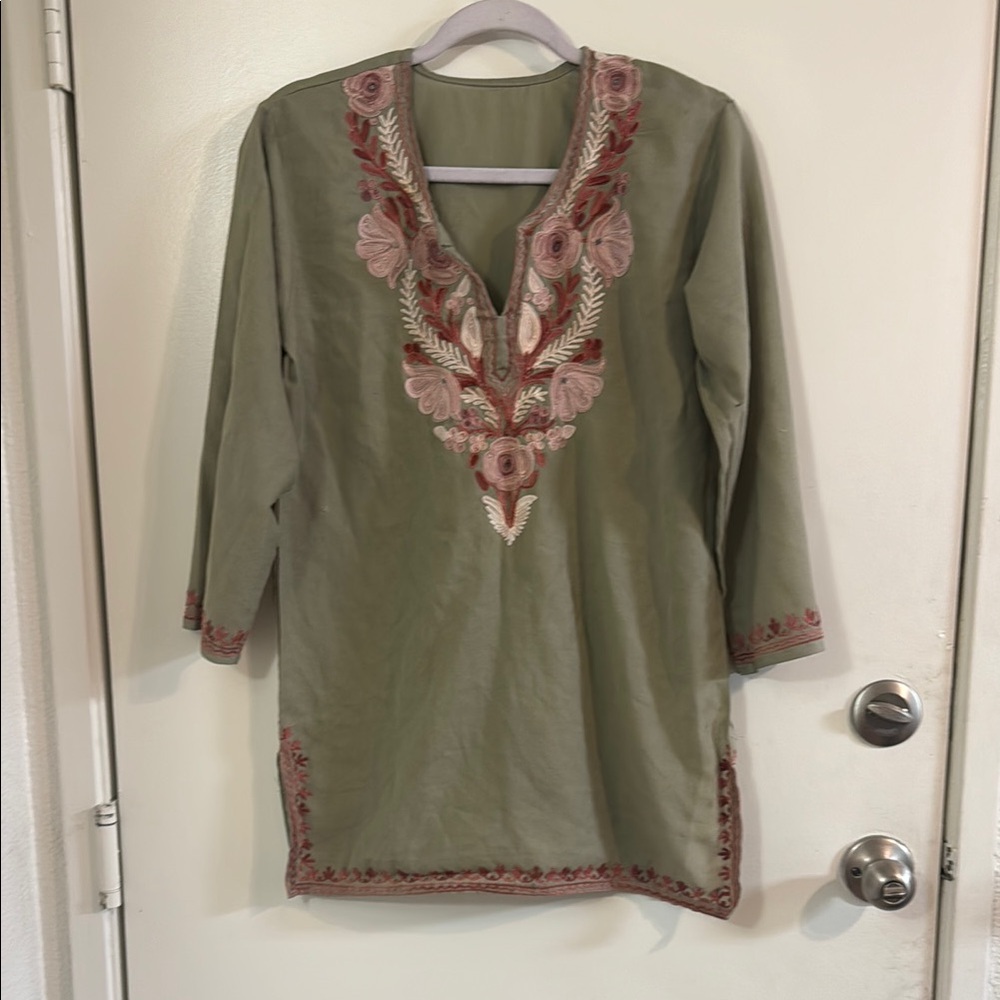 Green Tunic with Pink Embroidery